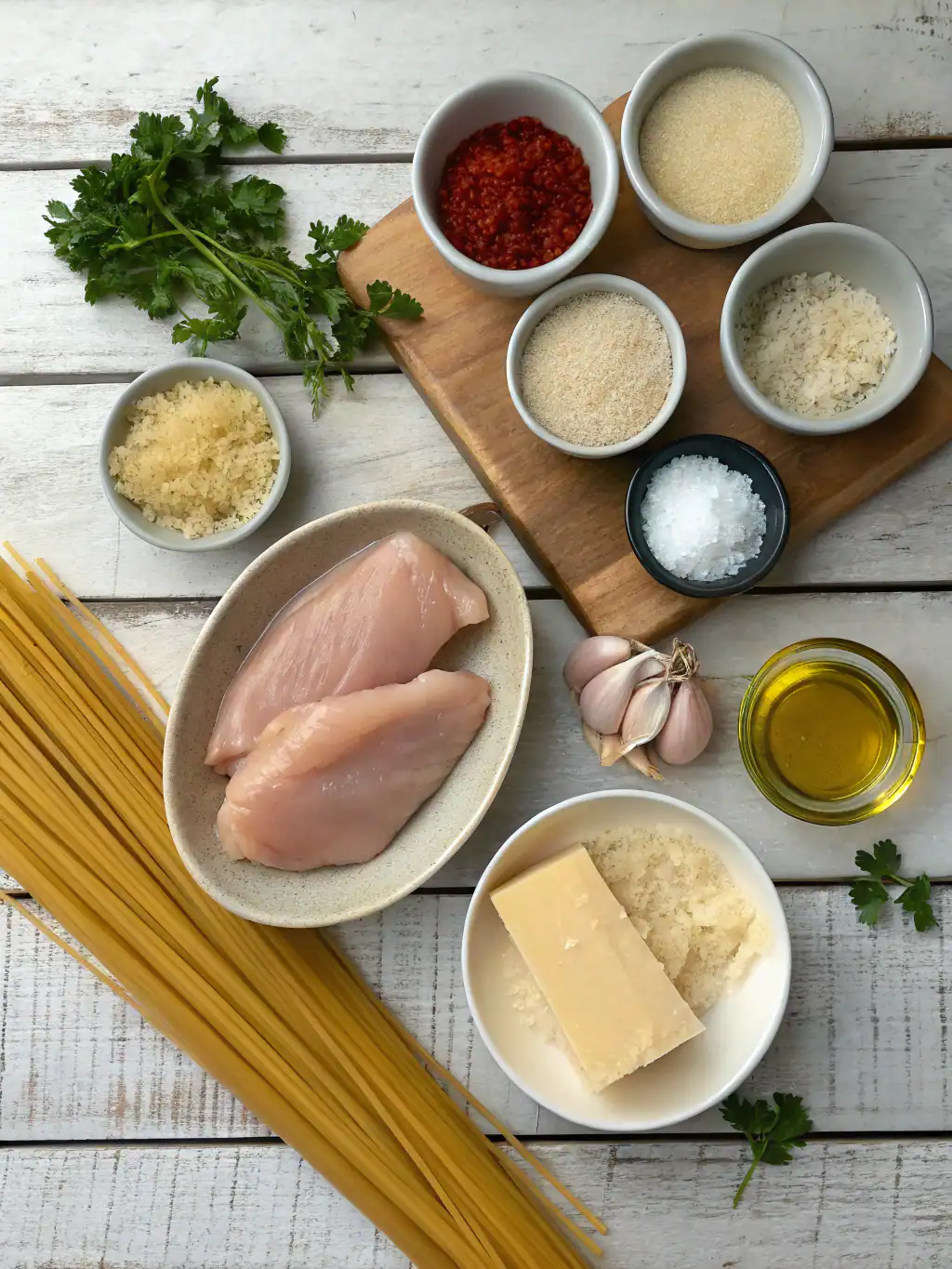 Fresh raw chicken breasts with spaghetti, garlic, Parmesan cheese, and herbs on a rustic wooden table for homemade Italian pasta dish cooking.