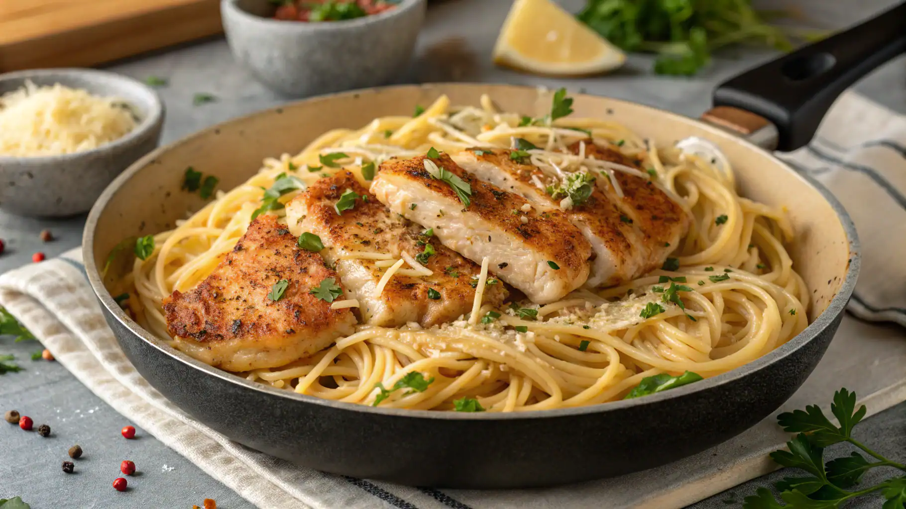 Grilled chicken atop creamy spaghetti pasta with herbs in a skillet. Fresh lemon wedges and parmesan cheese add flavor. Perfect for a delicious, homemade Italian dinner.