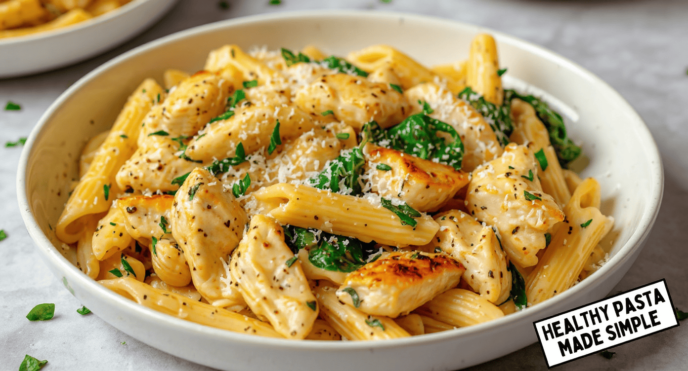 Creamy chicken and spinach pasta in a white bowl, garnished with grated cheese and chopped herbs, perfect for a healthy and simple meal.