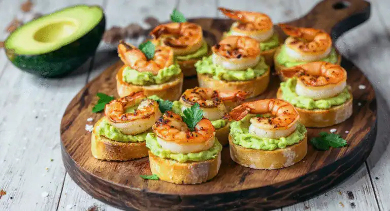 Delicious shrimp and avocado canapés served on toasted bread with mashed avocado and garnished with herbs on a wooden platter.