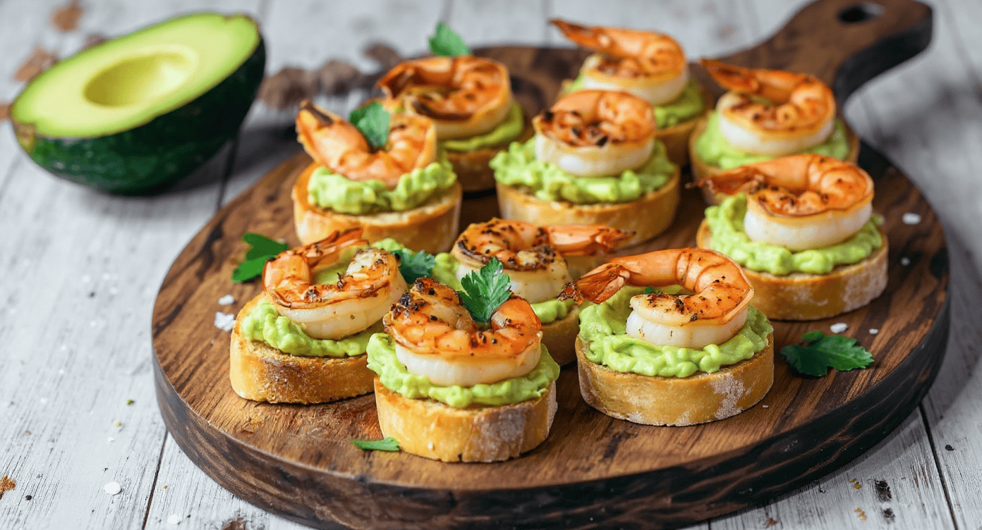 Delicious shrimp and avocado canapés served on toasted bread with mashed avocado and garnished with herbs on a wooden platter.