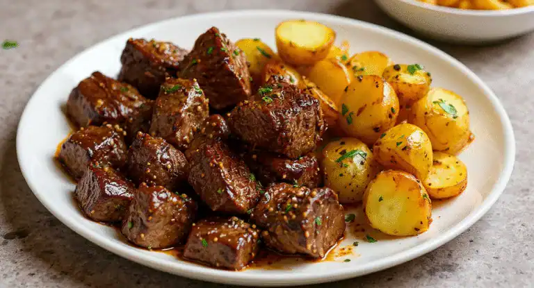Succulent beef stew with roasted baby potatoes, garnished with fresh herbs, served on a white plate. Perfect for comforting home-cooked meals.