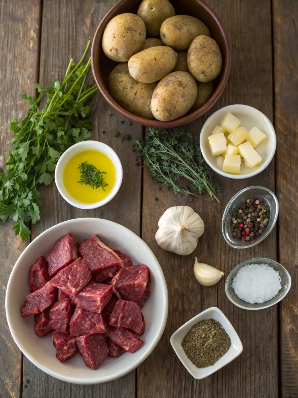 Fresh potatoes with herbs, garlic, seasoning, and chunks of beef for flavorful recipes. Perfect ingredients for stews, roasts, and hearty dishes. Rustic wooden background enhances the natural appeal of home cooking.