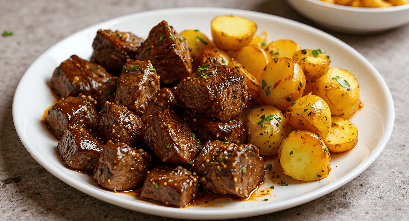 Succulent beef stew with roasted baby potatoes, garnished with fresh herbs, served on a white plate. Perfect for comforting home-cooked meals.