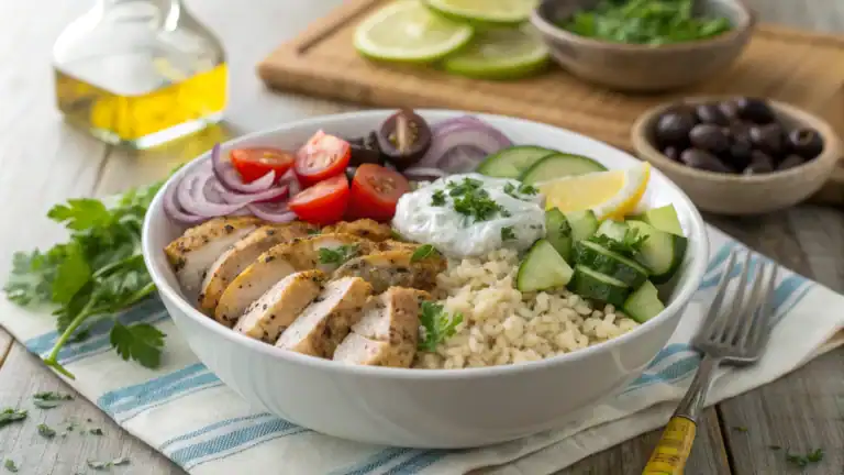 Fresh grilled chicken and a variety of colorful vegetables like cherry tomatoes, cucumbers, and onions served in a white bowl, along with rice, lemon wedges, and creamy sauce, on a rustic wooden table.