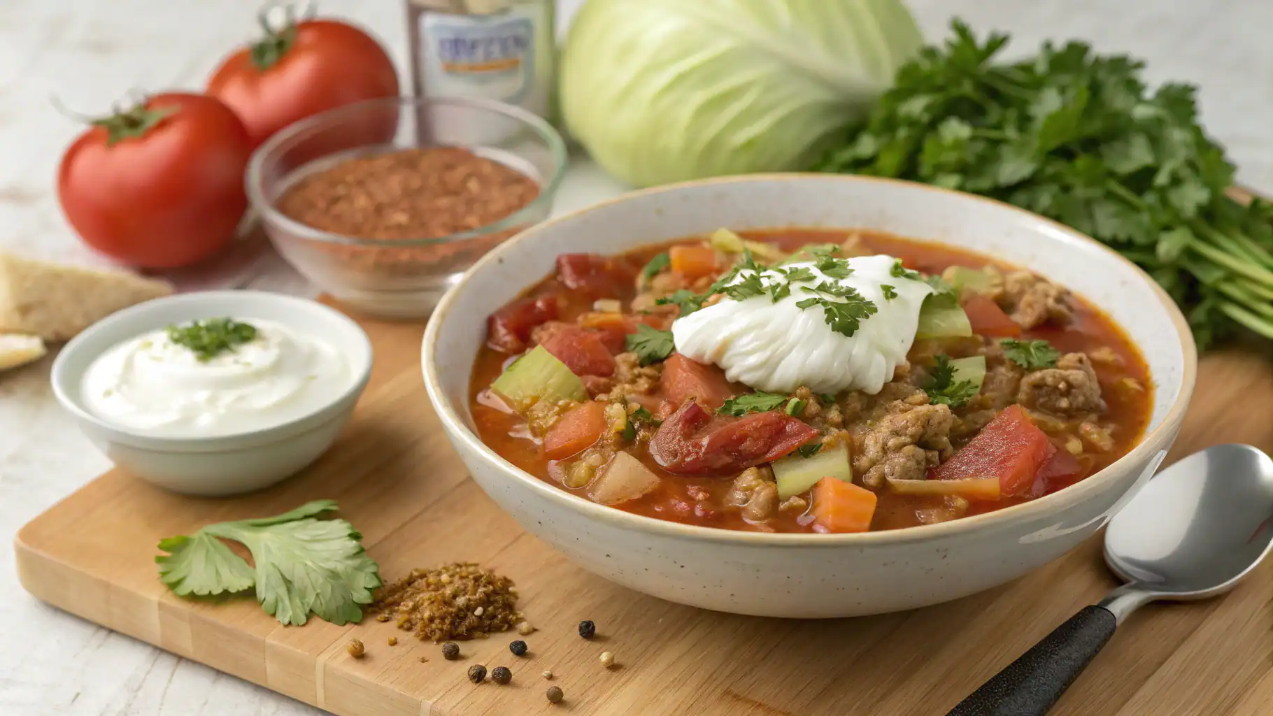Savory beef vegetable soup served in a white bowl, topped with sour cream and fresh cilantro, with tomatoes, herbs, and seasonings in the background for a wholesome meal.
