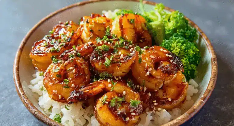 Juicy glazed shrimp with sesame seeds served over white rice and fresh broccoli in a rustic bowl, perfect for Asian-inspired recipes.