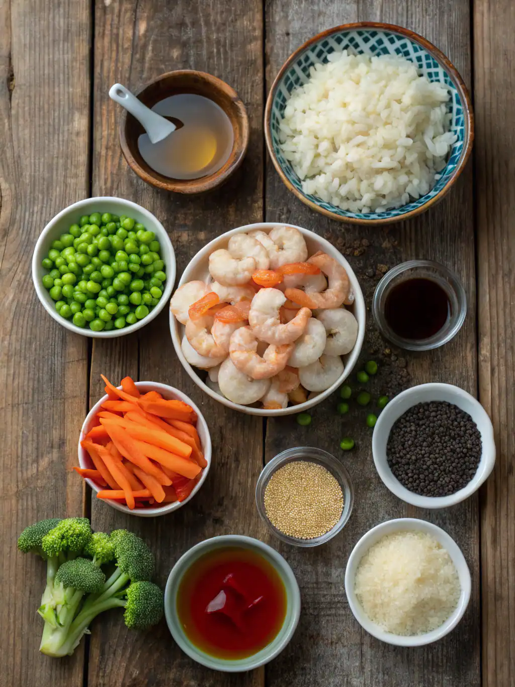Fresh shrimp and vegetables on rustic wooden table for cooking, with rice, sauces, and spices for delicious Asian-inspired dish. Perfect ingredients for homemade shrimp stir-fry.