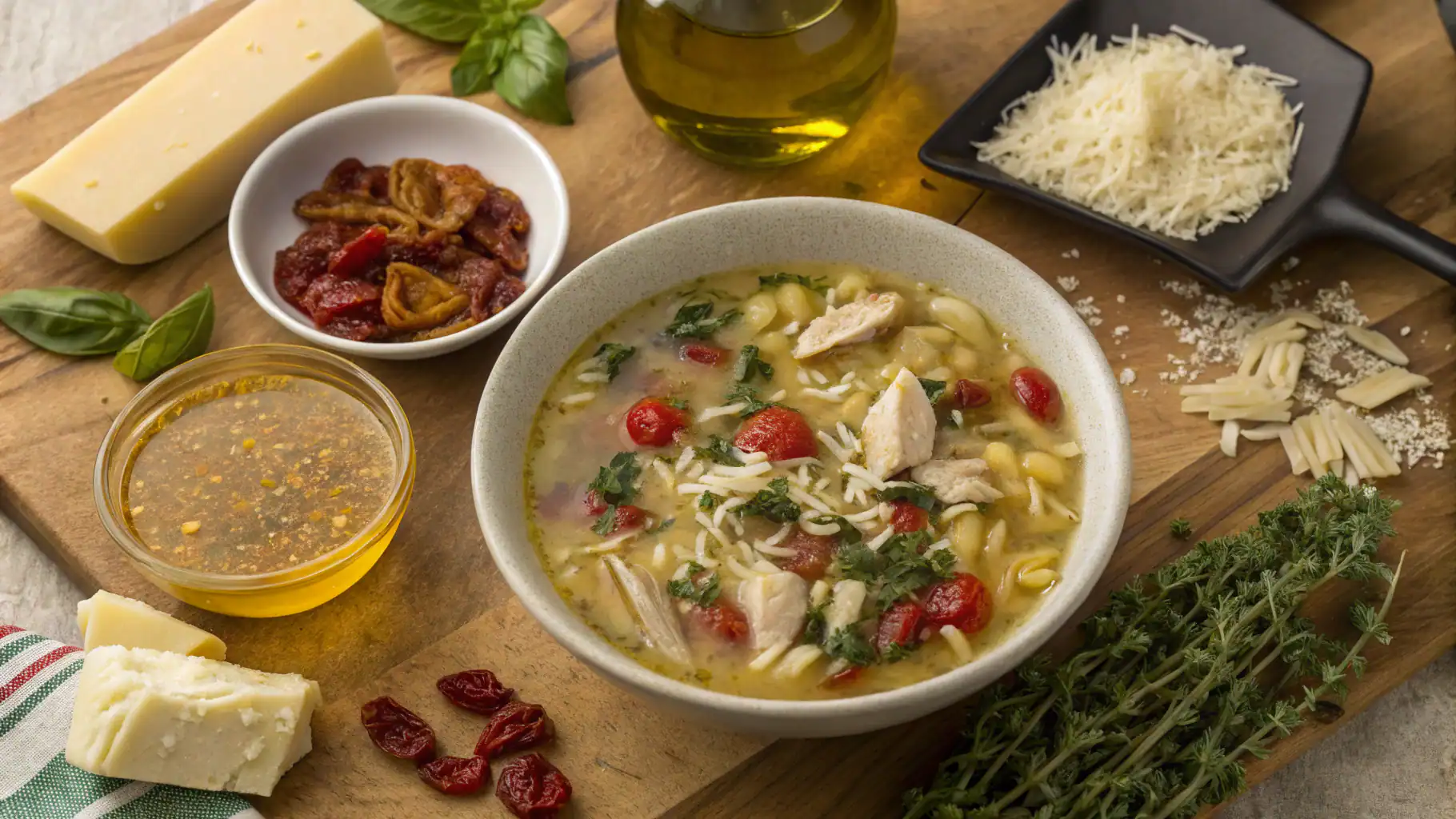 Creamy chicken noodle soup with cherry tomatoes, fresh herbs, and cheese on a rustic wooden board, surrounded by cheese, dried tomatoes, herbs, and seasonings, creating an inviting and flavorful meal scene.