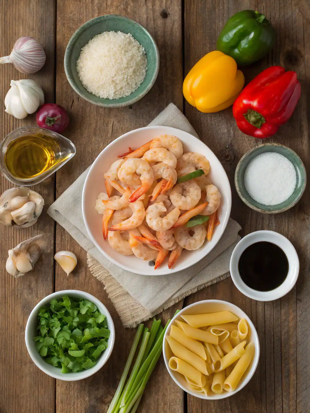 Shrimp pasta ingredients with garlic, bell peppers, noodles, and seasonings on rustic wooden table.