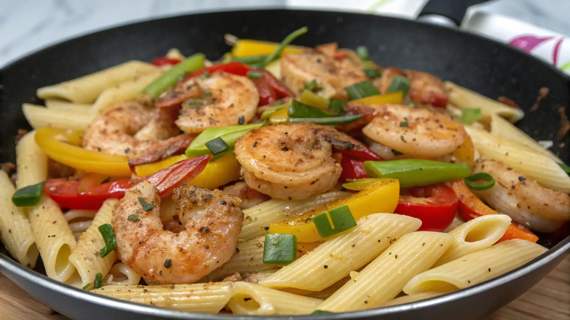 Succulent shrimp and colorful bell peppers cooked with pasta in a seasoned skillet, creating a delicious and vibrant meal perfect for any occasion. Great for dinner or special gatherings.