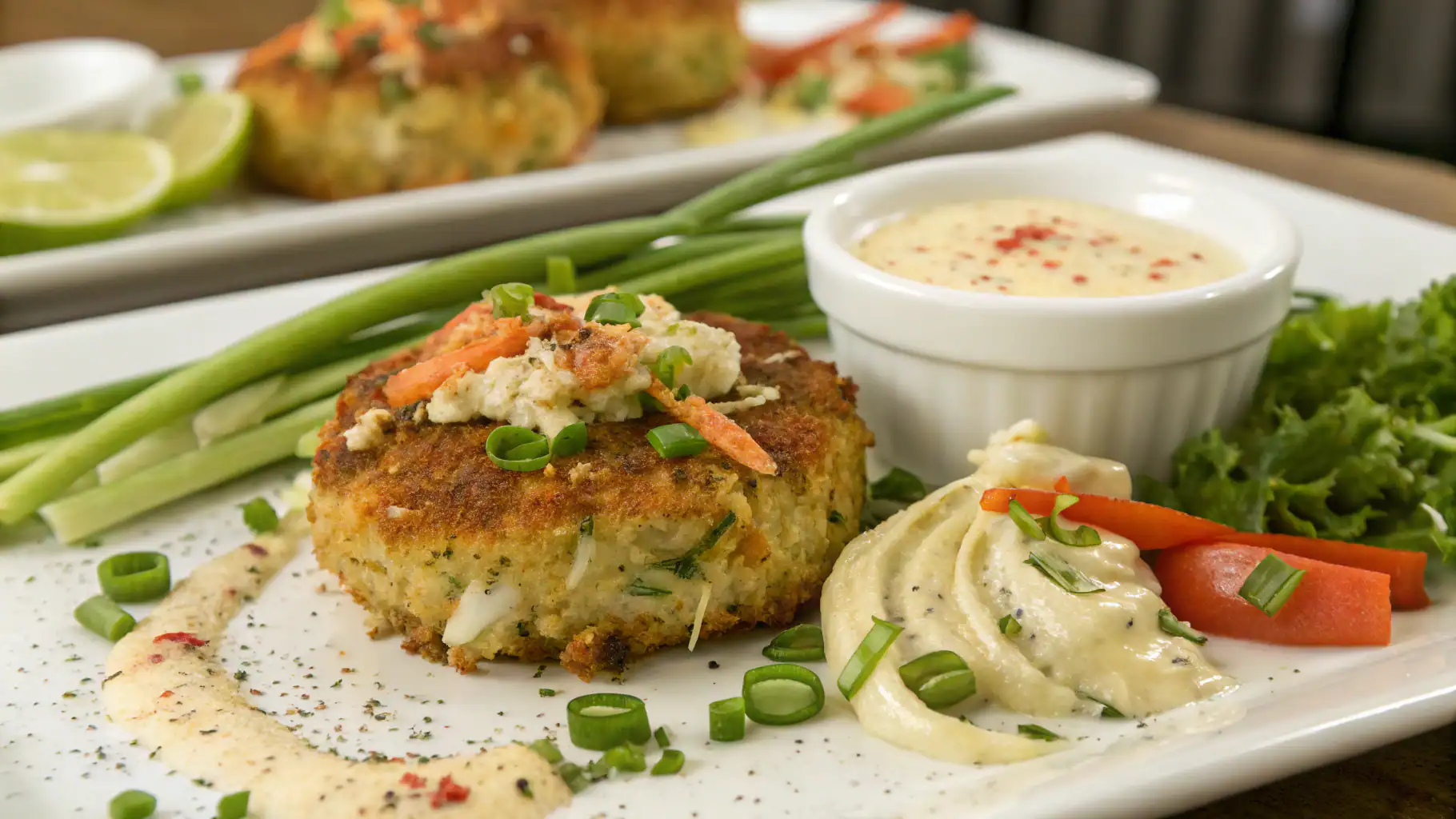 Golden brown crab cake with fresh herbs topped with pickled vegetables on a white plate, served with creamy dipping sauce and fresh vegetables for a delicious seafood dish.
