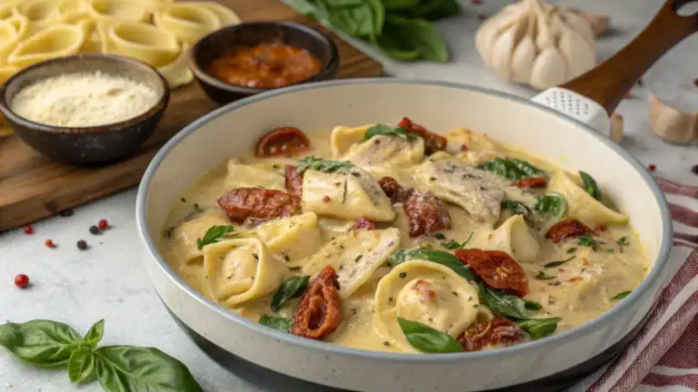 Creamy chicken tortellini soup with sun-dried tomatoes and fresh basil, served in a white bowl on a rustic table with herbs, garlic, and pasta ingredients in the background.
