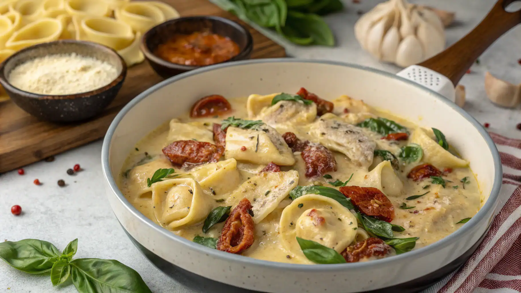 Creamy chicken tortellini soup with sun-dried tomatoes and fresh basil, served in a white bowl on a rustic table with herbs, garlic, and pasta ingredients in the background.