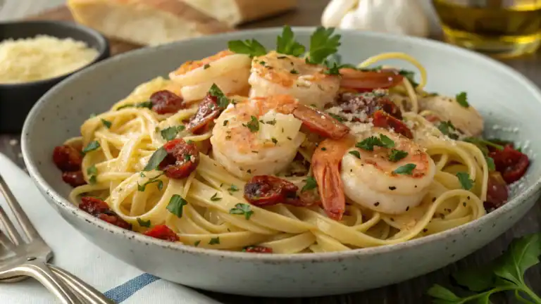 Fresh shrimp and sun-dried tomatoes linguine pasta garnished with parsley in a ceramic bowl, served with parmesan cheese and olive oil, perfect for delicious seafood pasta dishes.