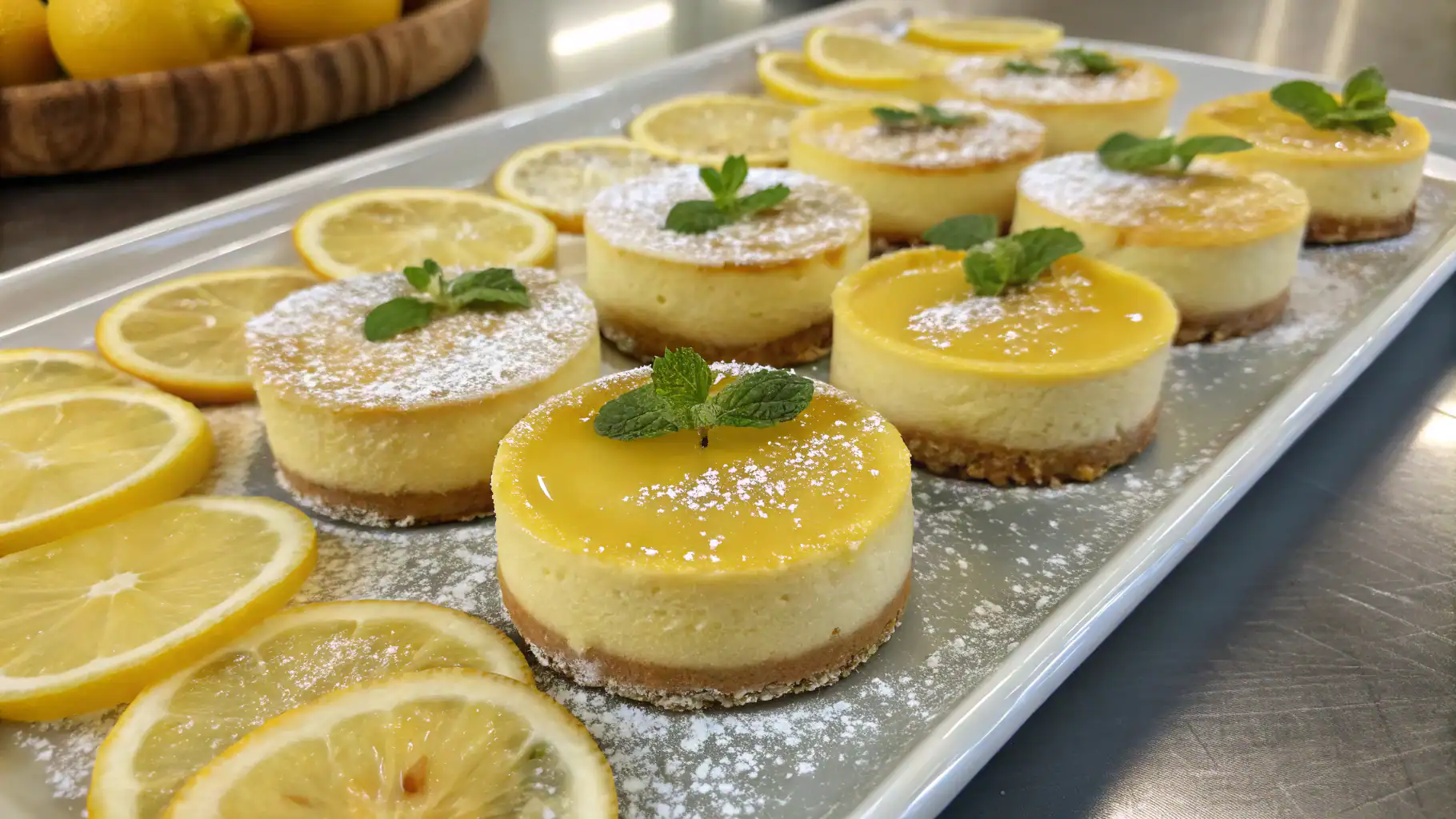 Lemon and cheesecake bites garnished with mint leaves on a white serving platter, perfect for dessert or catering displays.