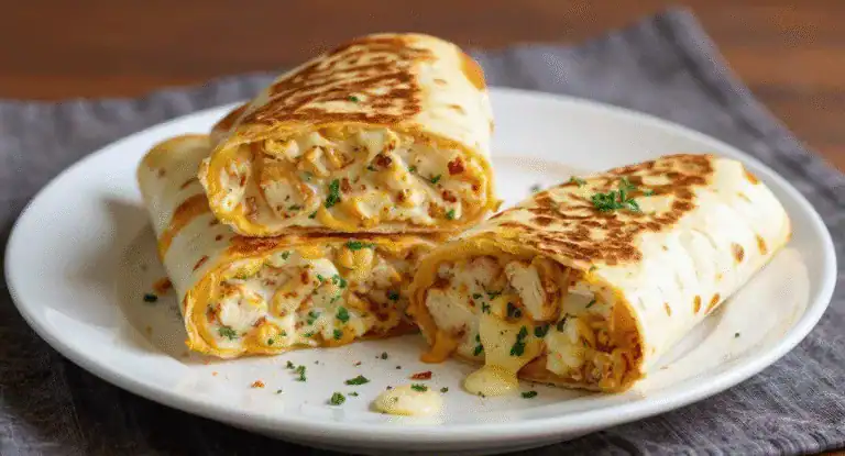 Creamy chicken and cheese stuffed burritos with crispy golden tortillas, garnished with fresh herbs on a white plate. Perfect for a hearty and flavorful meal inspired by delicious recipes.