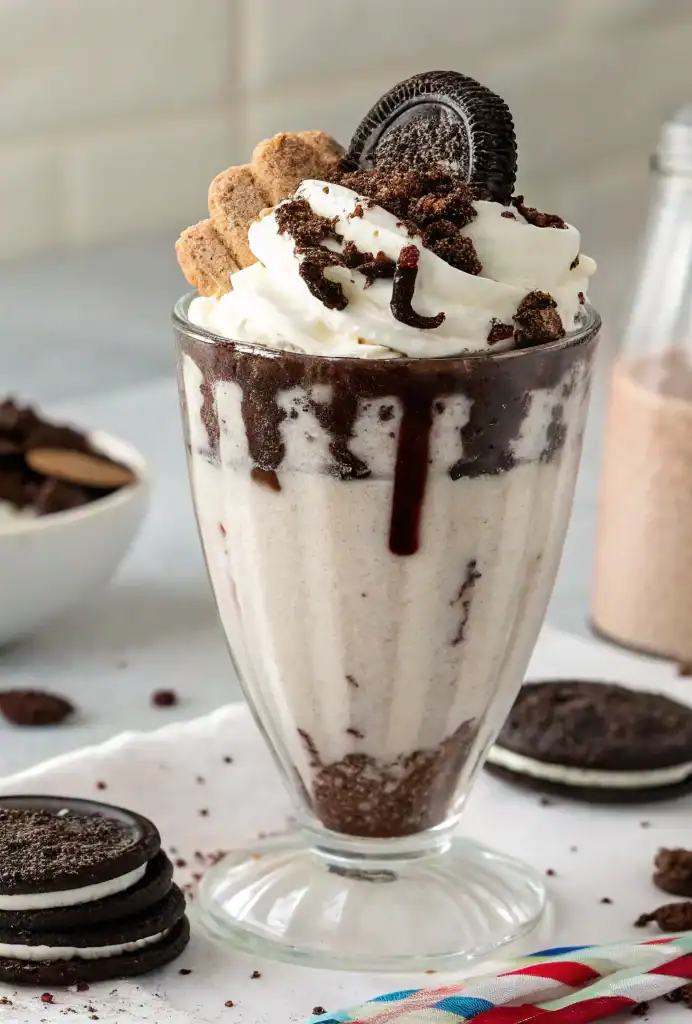 Oreos cookies and cream milkshake topped with whipped cream, Oreo cookies, and chocolate sauce in a glass. Perfect treat for Oreo lovers, garnished with crushed cookies and cookies pieces.