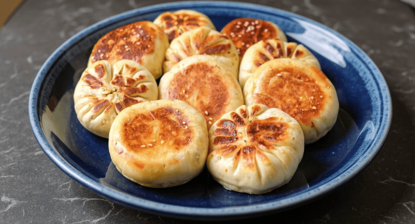 Golden brown pan-fried dumplings on a blue ceramic plate, crispy on the outside and steamed on the inside, perfect for a delicious Asian-inspired appetizer or snack.