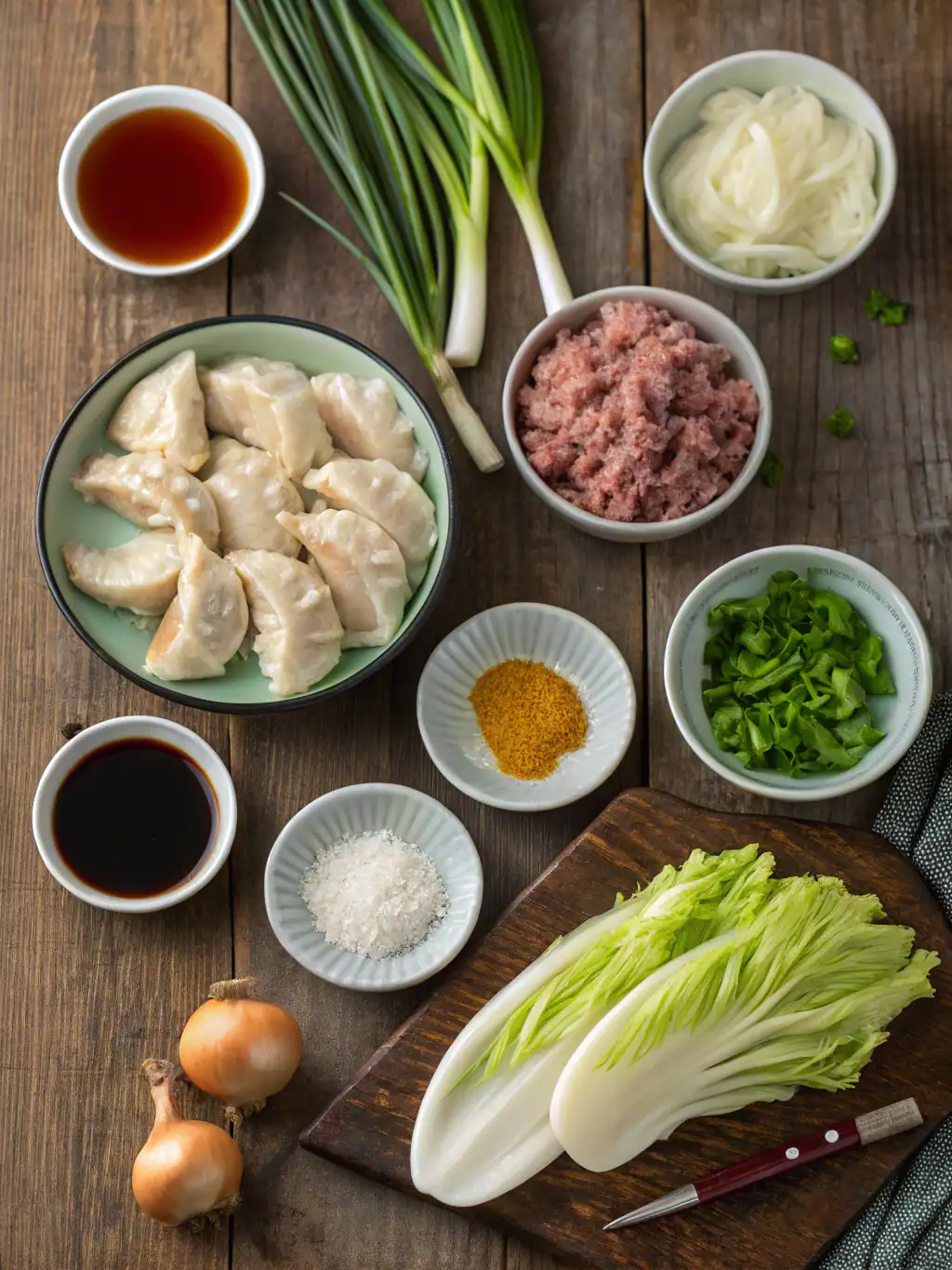 Fresh ingredients for Chinese dumplings, including ground meat, vegetables, soy sauce, and seasonings arranged on a rustic wooden table.