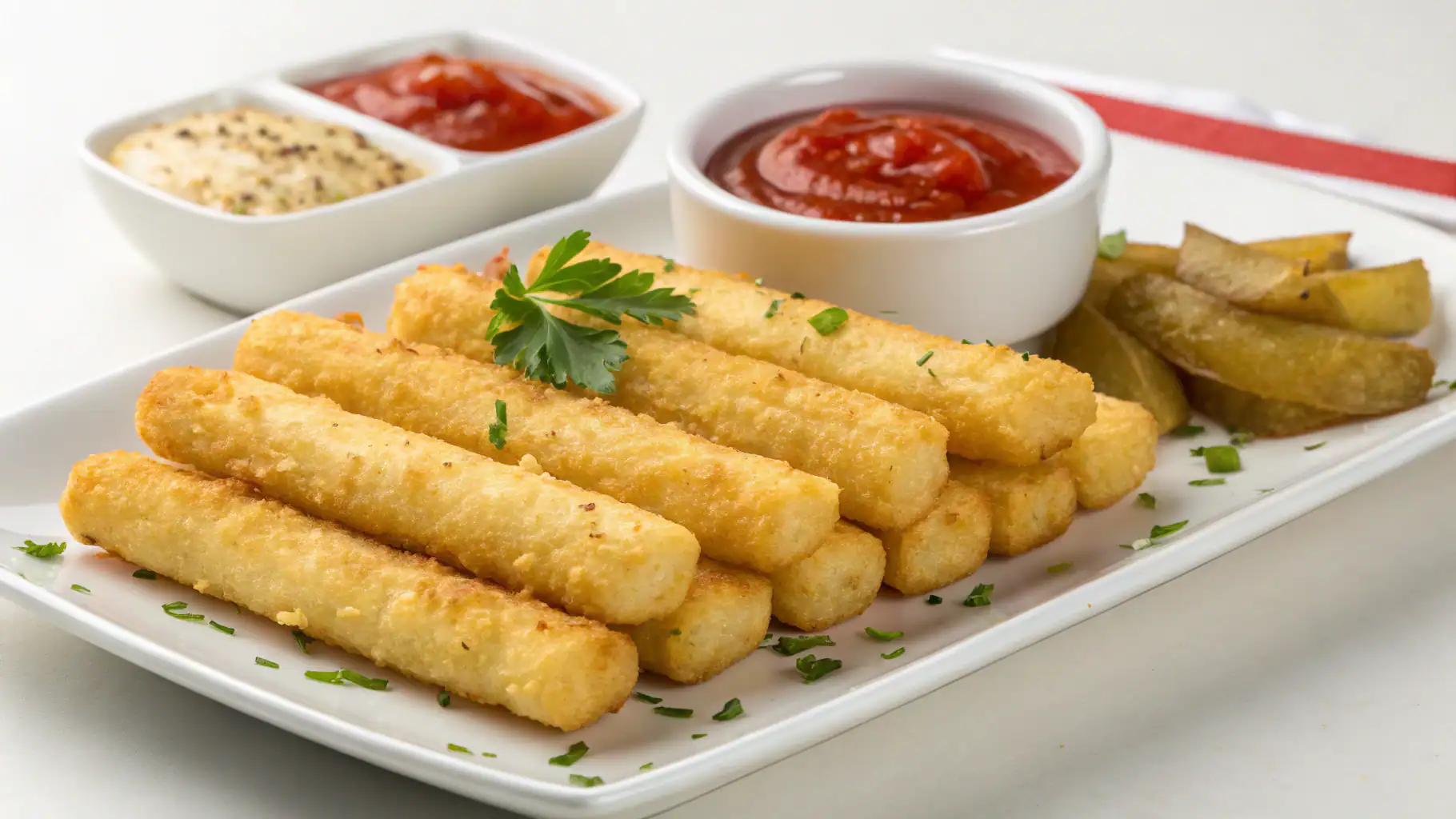 Crispy fish strips served with french fries, marinara sauce, and tartar sauce on a white rectangular plate. Perfect for seafood lovers and snack cravings.