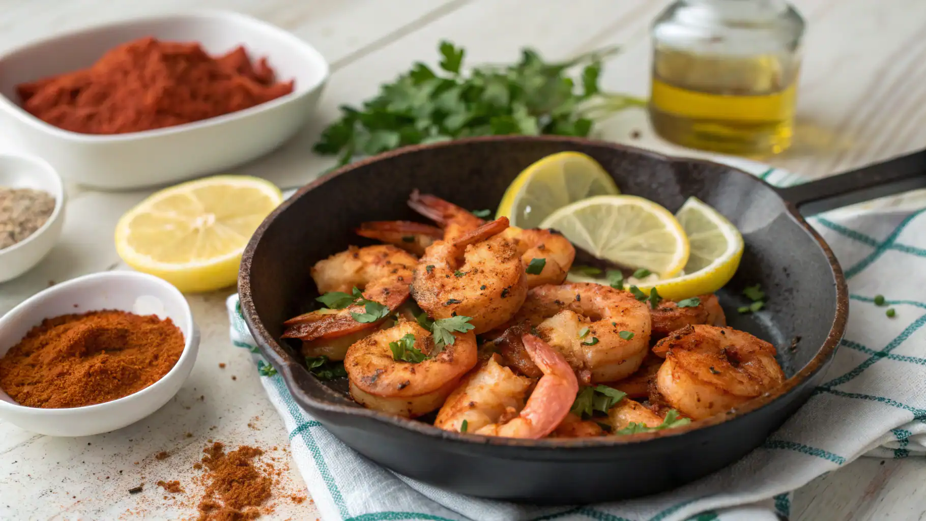 Juicy grilled shrimp dish garnished with lemon slices, fresh herbs, and spices, served in a cast-iron skillet with homemade seasoning and colorful ingredients in the background.