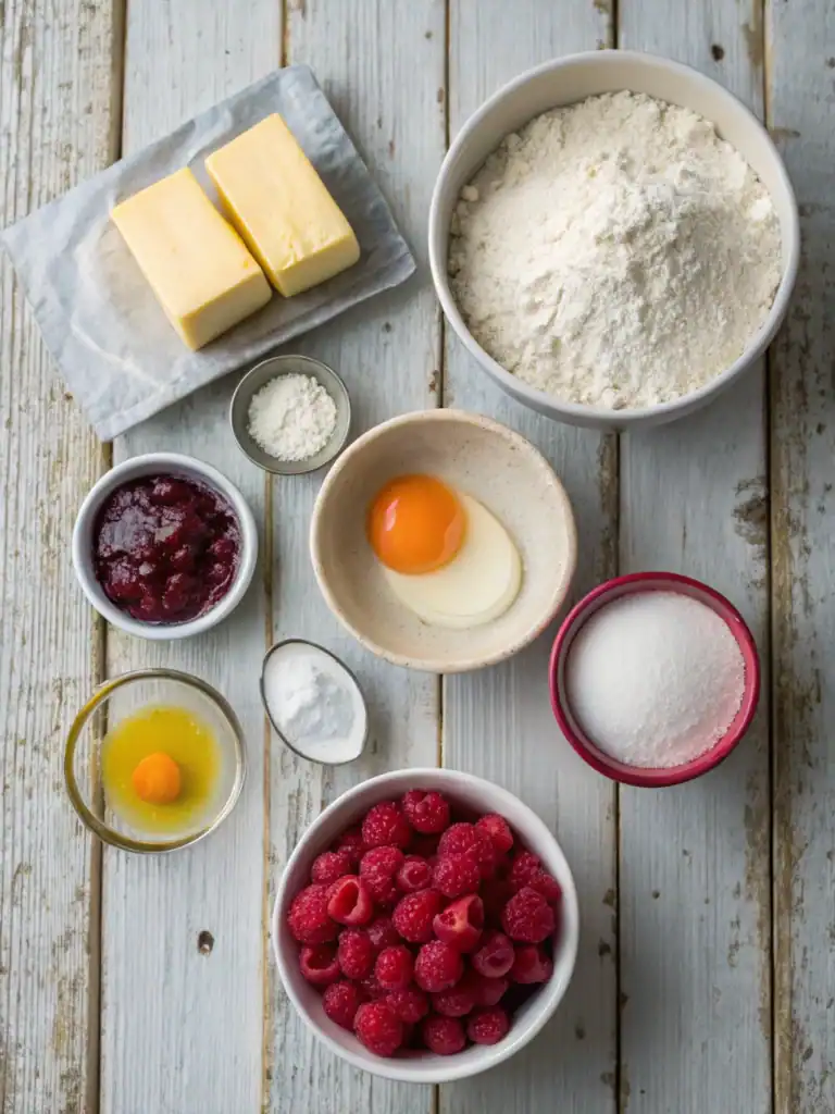 Fresh ingredients for baking including butter, eggs, flour, sugar, raspberries, and jam on a rustic wooden surface. Perfect for homemade desserts and baked goods.