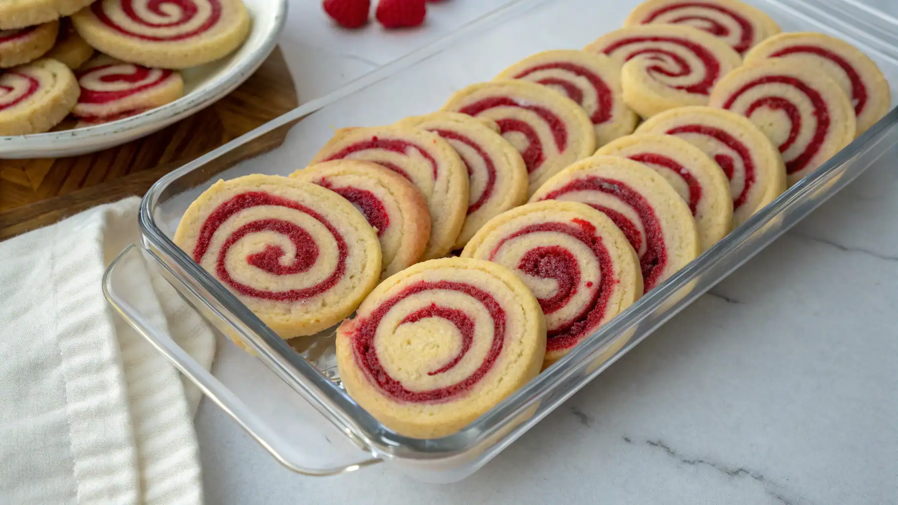 Delicious homemade raspberry swirl Swiss roll cookies arranged in a glass baking dish for a charming presentation. Perfect for desserts, parties, or afternoon tea. Fresh raspberries add vibrant color and flavor.