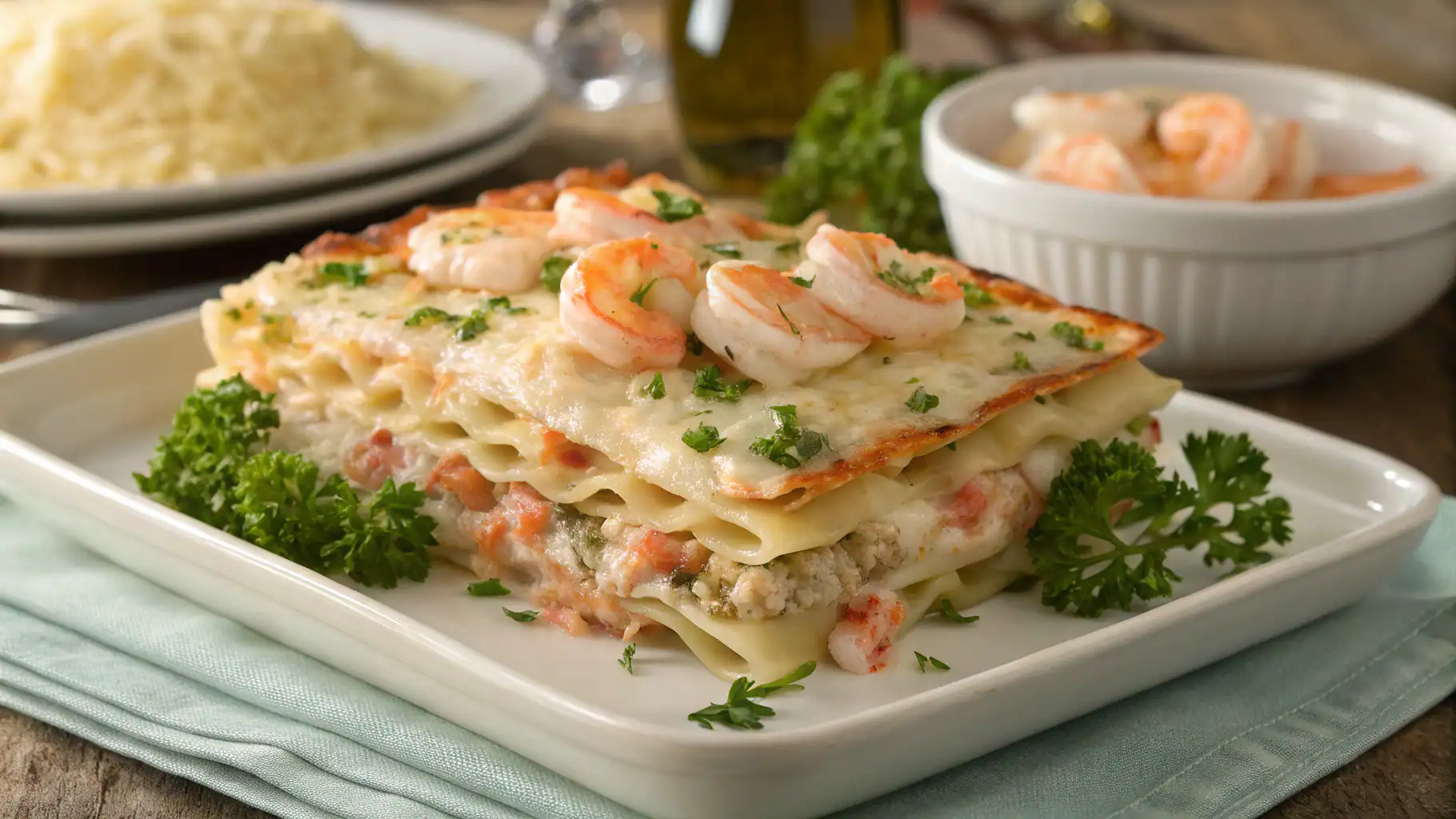 Creamy shrimp and lobster lasagna with layers of pasta, seafood, and cheese garnished with fresh herbs on a white plate. Perfect for seafood lovers and comfort food enthusiasts.