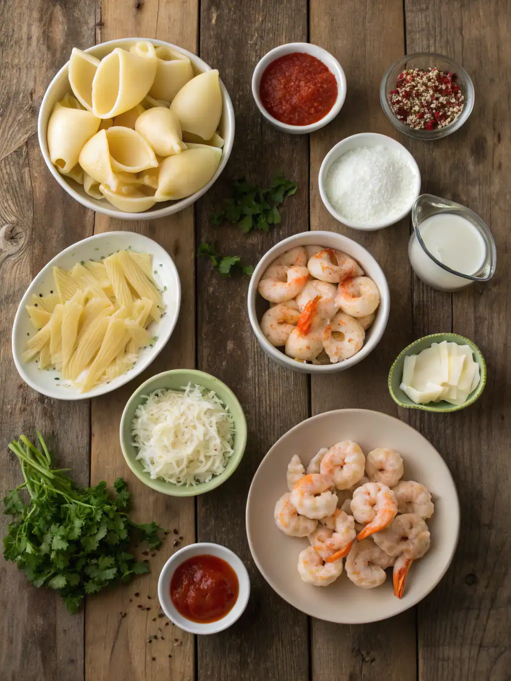 Pasta ingredients for shrimp pasta with cream sauce on rustic wooden table, including pasta shells, shrimp, cheese, cream, milk, and herbs, ready for cooking and delicious meal preparation.