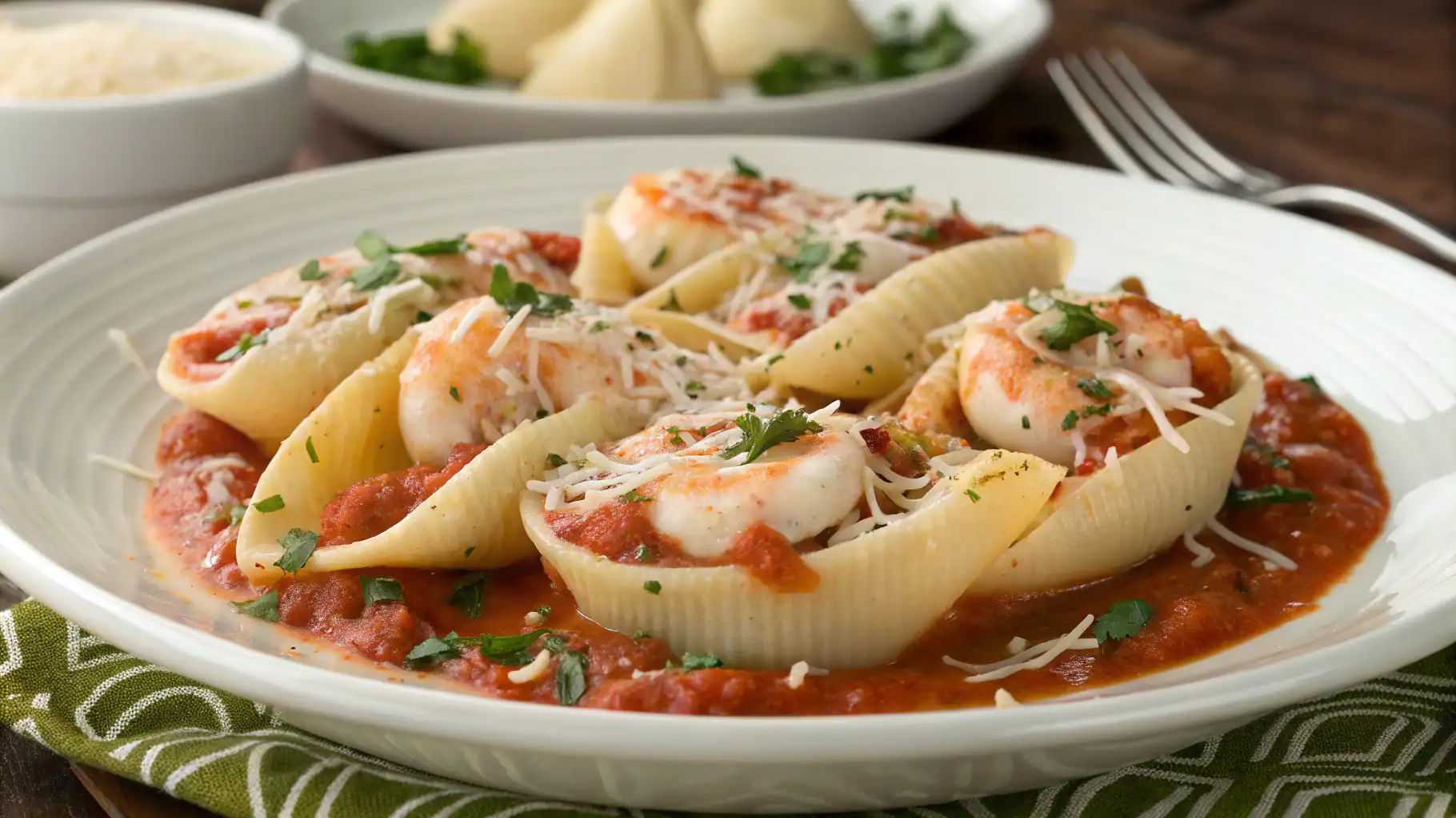 Creamy stuffed pasta shells with melted cheese, rich tomato sauce, and fresh herbs served on a white plate for a delicious Italian meal.