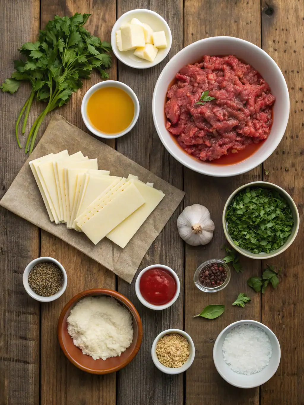 Minced beef ingredients for recipes including cheese, garlic, fresh herbs, spices, oil, and seasonings on rustic wooden background.