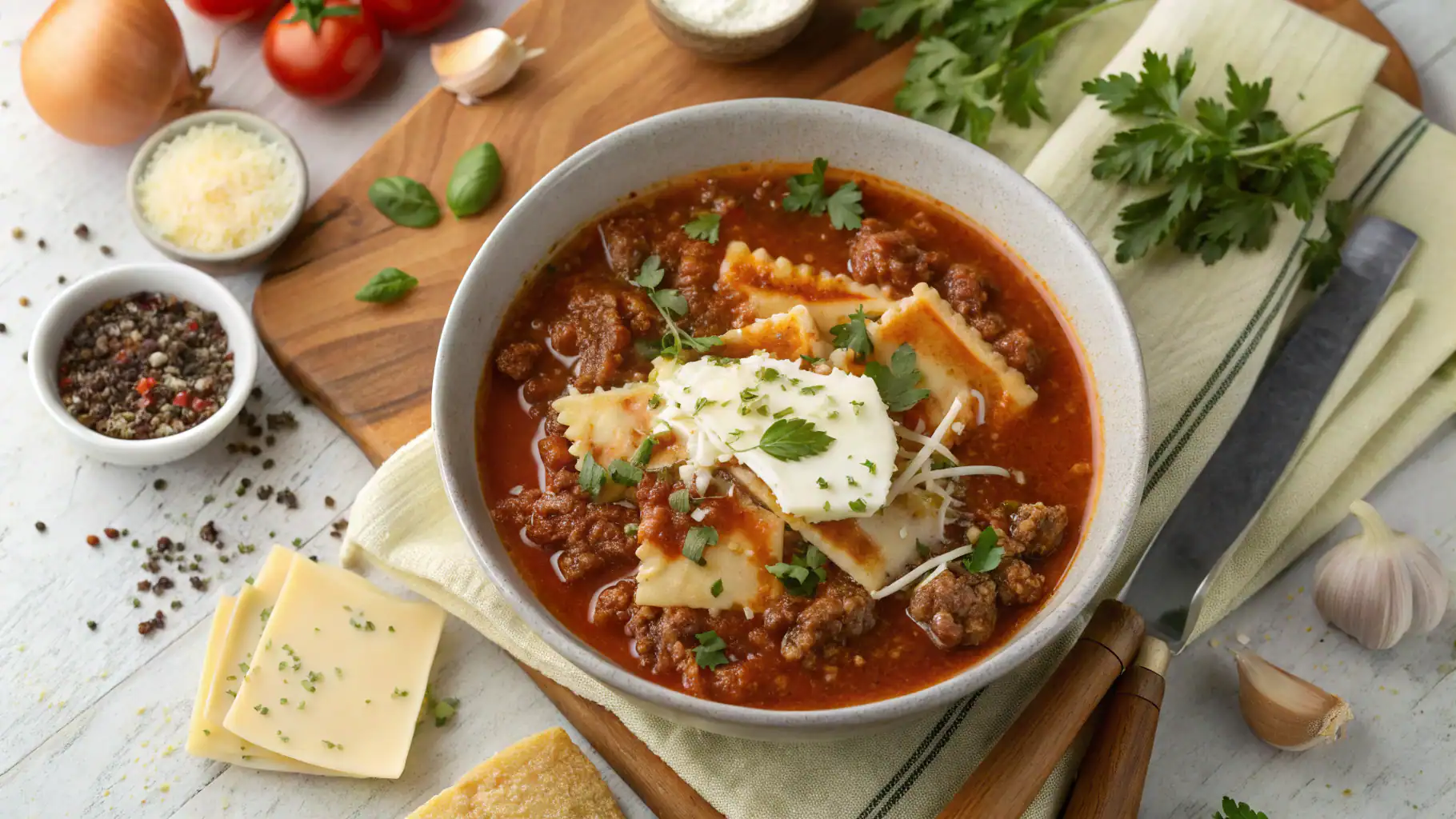 Delicious beef chili with cheese and herbs in a bowl, surrounded by fresh ingredients like tomatoes, garlic, and spices, perfect for hearty meals.