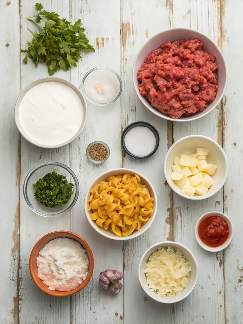 Minced meat, pasta, cheese, garlic, and herbs arranged in bowls on rustic wooden table for pasta sauce recipe.