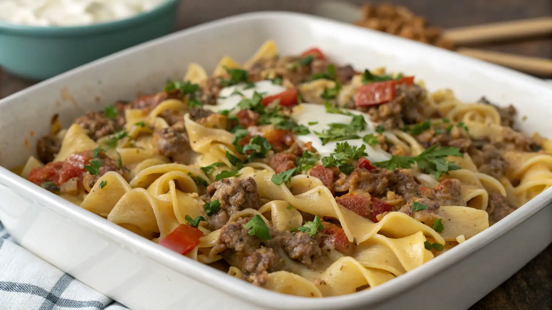 Rich beef and tomato pasta bake served in a white casserole dish with fresh parsley garnish, featuring tender noodles, seasoned ground beef, and melted cheese for a hearty meal.