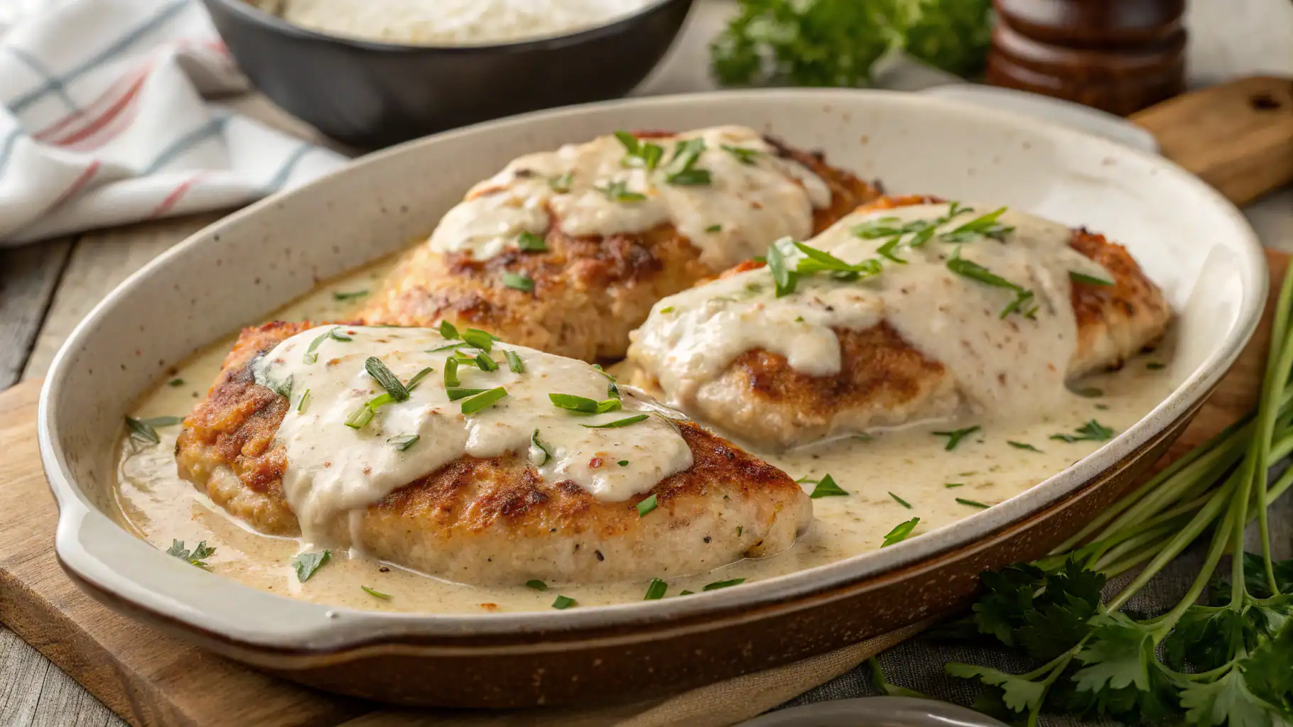 Juicy chicken breasts topped with creamy white sauce and fresh herbs, served in a rustic oval baking dish, perfect for hearty homemade dinner recipes.