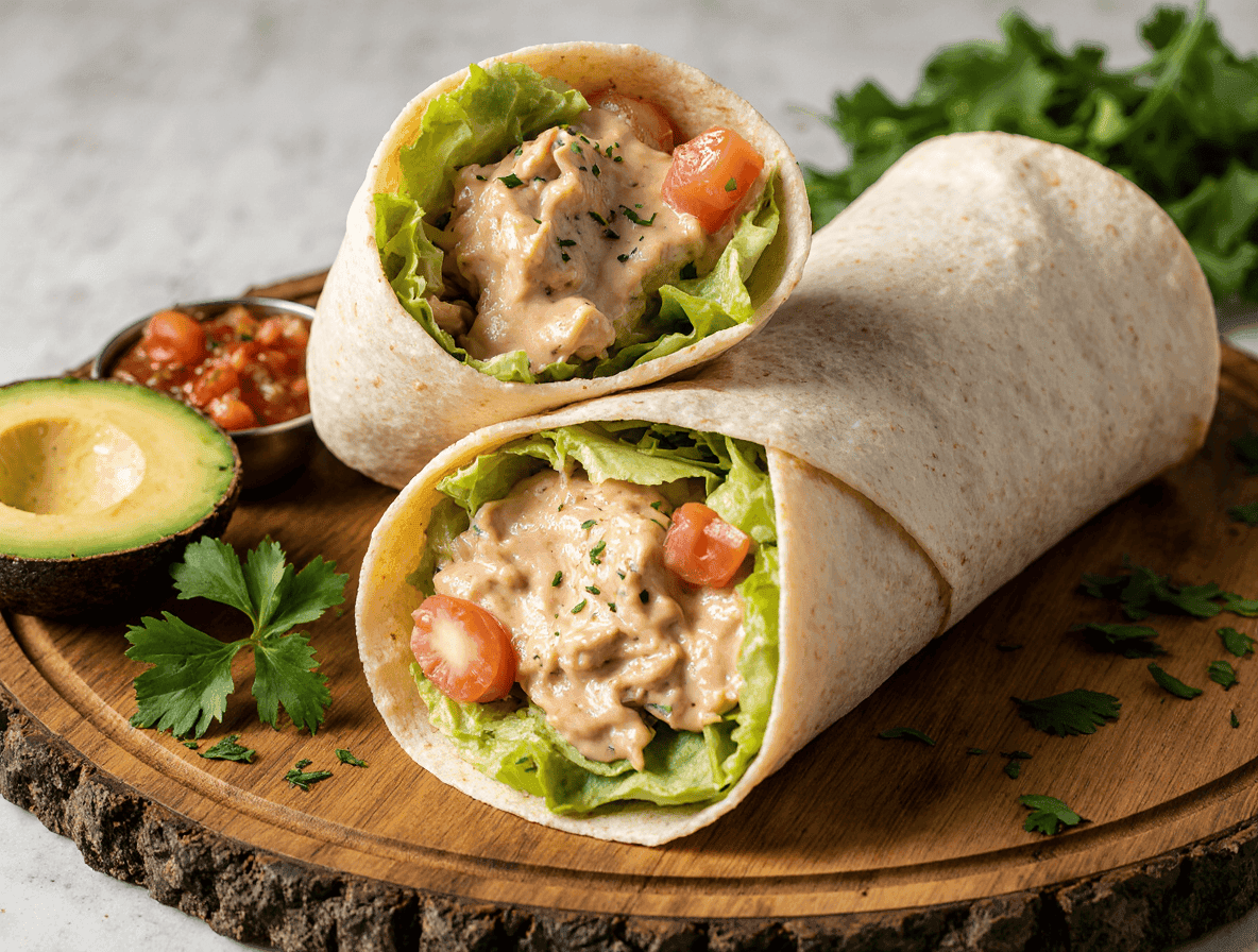 Creamy chicken salad in flour tortillas served with fresh avocado, tomato, and herbs on a rustic wooden platter. Perfect for quick lunches or delicious wraps with wholesome ingredients.