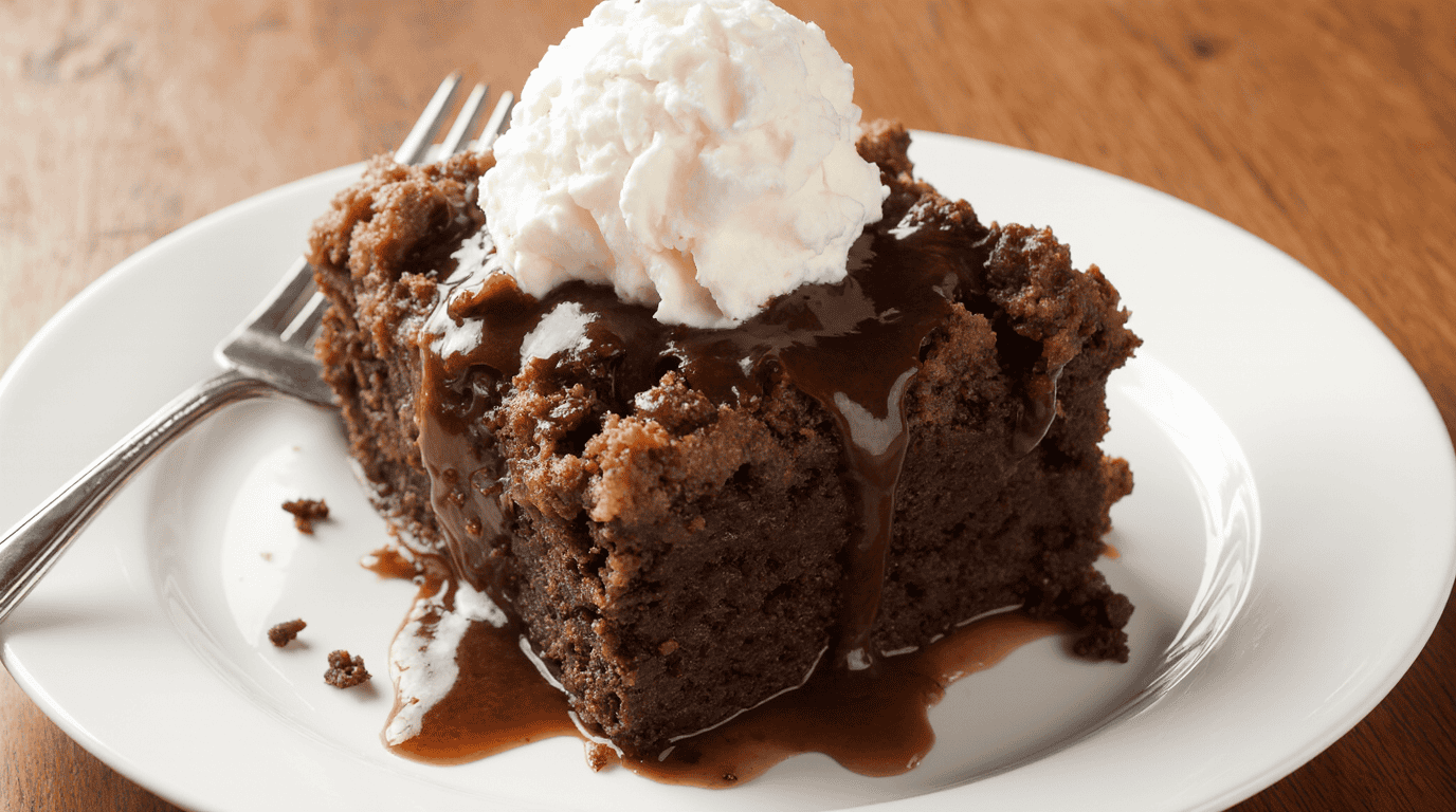 Rich chocolate cake with whipped cream and chocolate syrup on a white plate, close-up image for recipes and desserts, delicious and decadent chocolate dessert for stage, dessert recipes, healthy recipes, and sweet options.