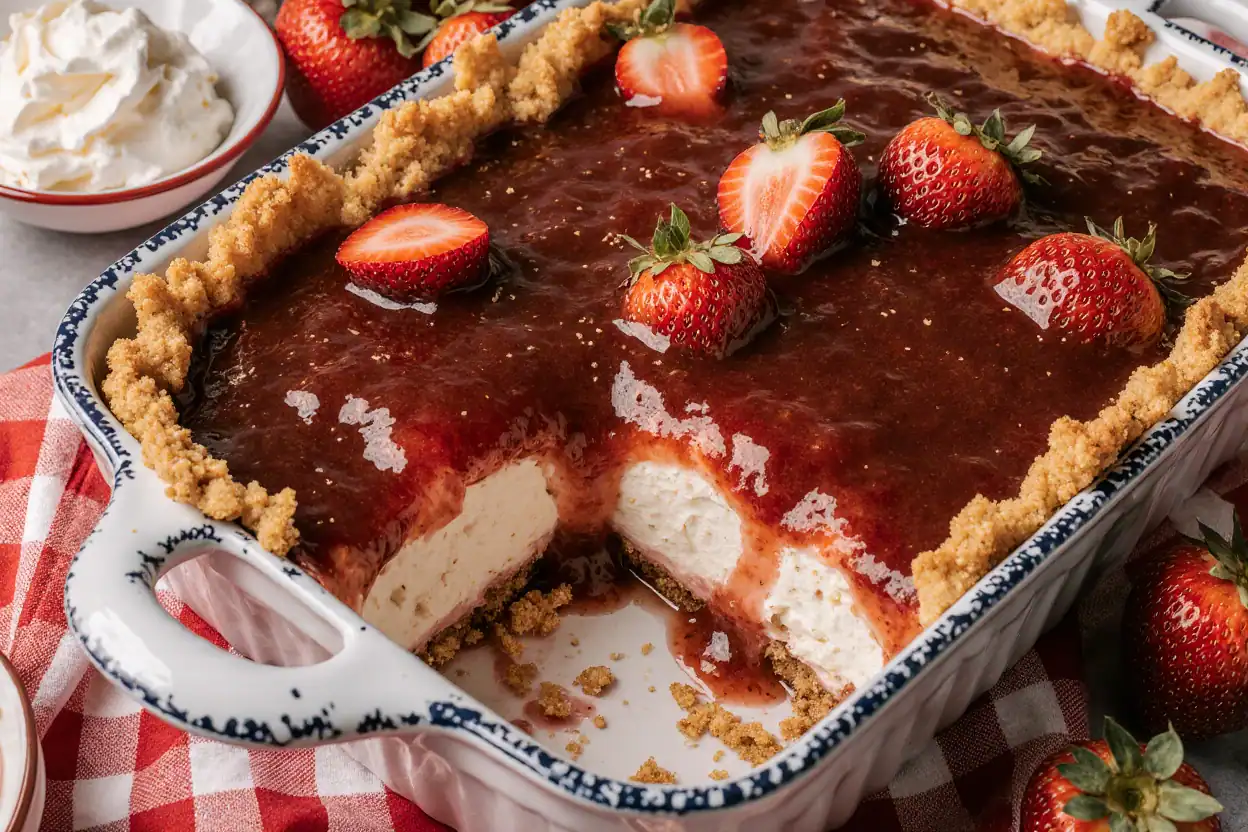 Fresh strawberry dessert with a graham cracker crust, creamy filling, and strawberry topping in a ceramic baking dish, served with whipped cream. Perfect for summer gatherings and dessert lovers.