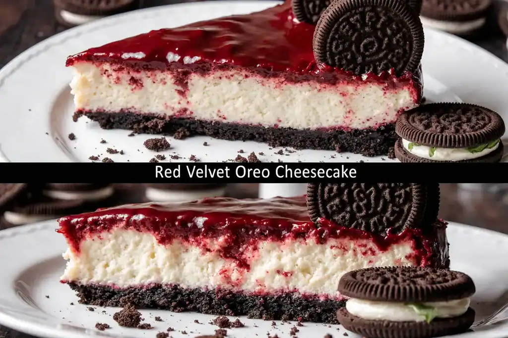 Delicious red velvet Oreo cheesecake with Oreo cookie garnish and creamy filling on a white plate. Perfect dessert combining rich flavors of cheesecake and Oreo cookies.