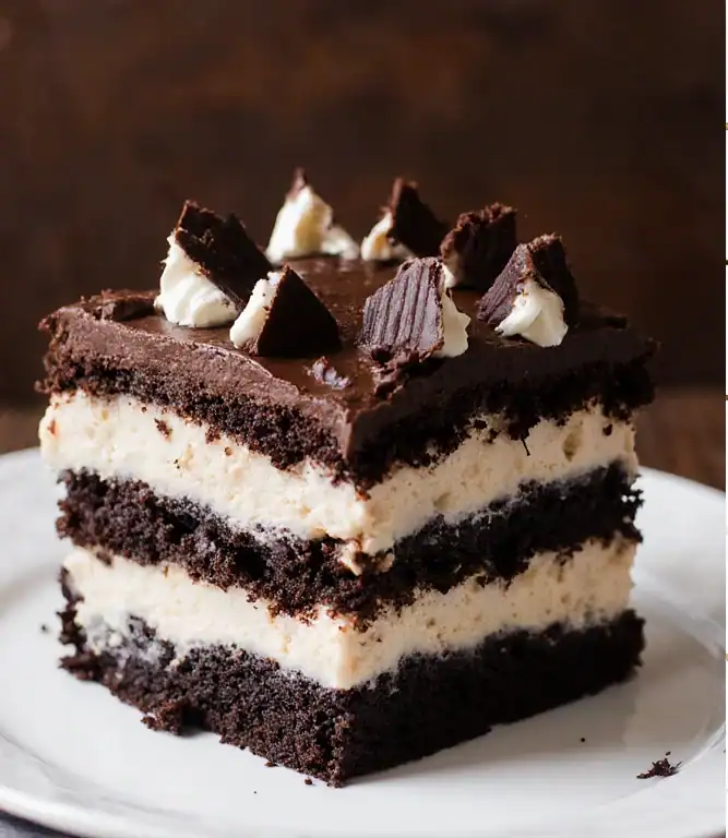 Delicious layered chocolate and vanilla ice cream cake with chocolate ganache and Oreo cookie crust, perfect for dessert or special occasions.