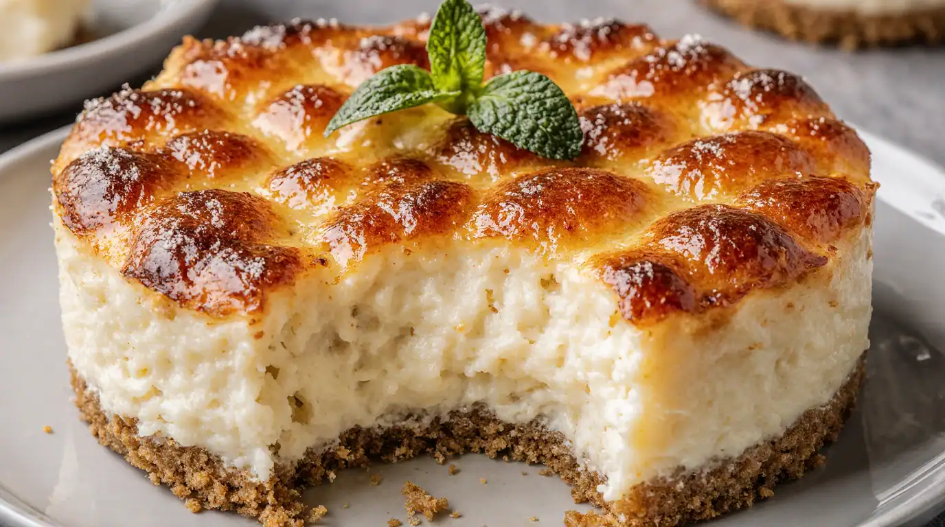Creamy cheesecake with golden-brown top and graham cracker crust, garnished with fresh mint leaves. Perfectly baked, rich, and smooth, ideal for dessert lovers and cheesecake enthusiasts.