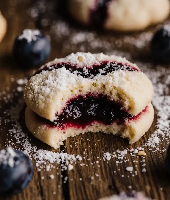 Butter cookies with berry jam filling stacked and one broken cookie with berry jam center on rustic wooden background with blueberries and powdered sugar, delicious homemade cookie dessert, perfect for snacks or tea time, Recipestang recipe.