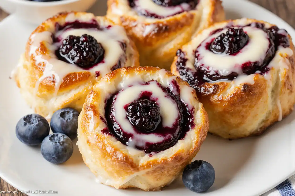 Fluffy blueberry cinnamon rolls topped with blueberry sauce and drizzled with icing, served on a white plate with fresh blueberries for a delicious breakfast treat.