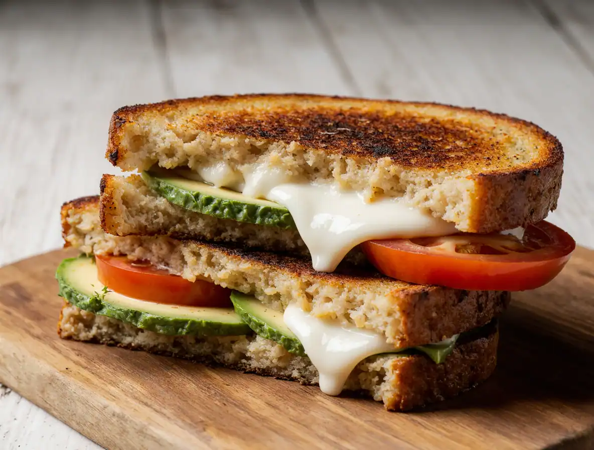 Juicy grilled cheese sandwich with fresh tomato, cucumber, and melted cheese on whole wheat bread, served on a wooden cutting board for a delicious homemade meal.