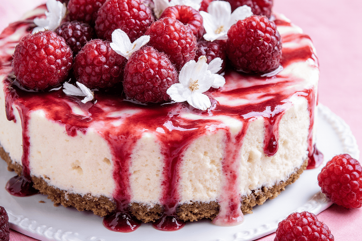 Fresh raspberry cheesecake topped with raspberry sauce and delicate white flowers. Perfect dessert recipe ideas for special occasions or sweet treats.