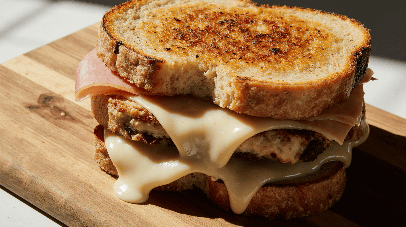 Crispy grilled cheese sandwich with melted cheese, ham, and toasted bread on wooden cutting board, delicious comfort food, perfect for lunch or snack, appetizing and cheesy sandwich with crispy texture.
