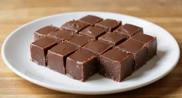 Creamy homemade chocolate fudge on a white plate, perfect for dessert lovers seeking rich, delicious recipes.
