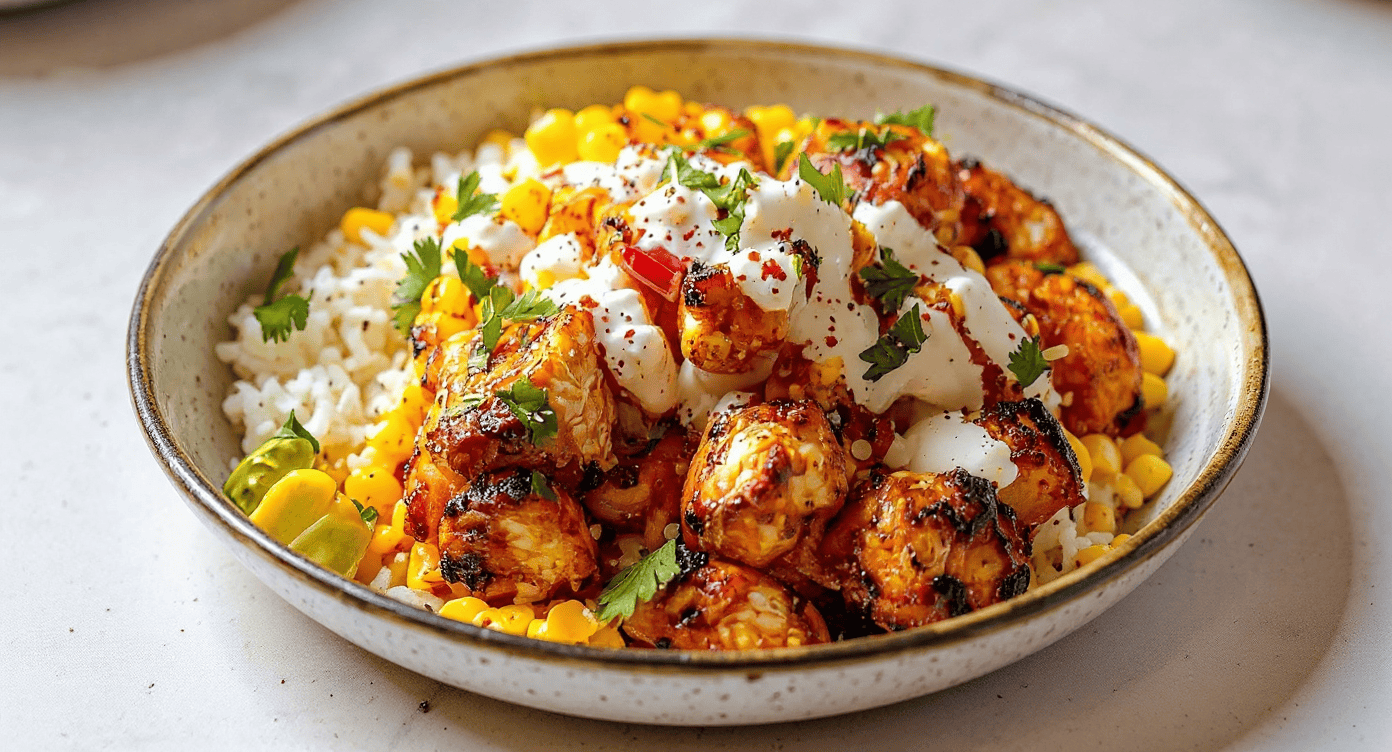 Flavorful spicy chicken bowl with rice, corn, and creamy sauce garnished with herbs. Perfect for quick, delicious meals and easy to prepare at home.