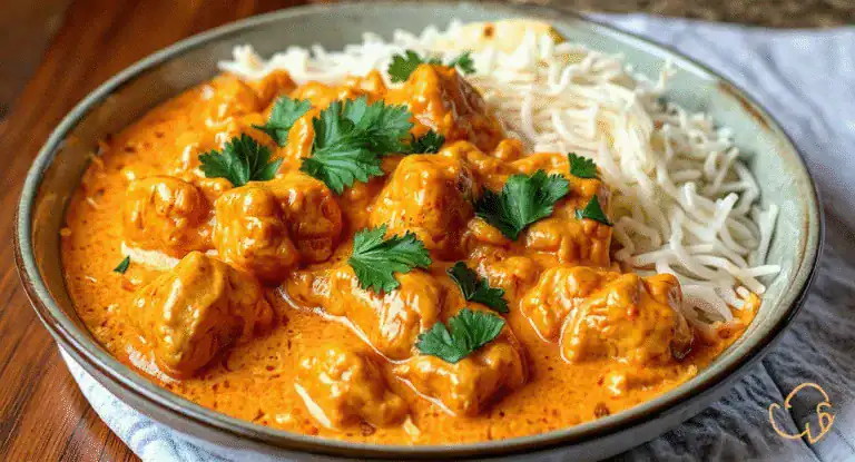 Creamy chicken tikka masala with rice, garnished with fresh cilantro, served in a rustic bowl, highlighting flavorful Indian curry and aromatic spices.